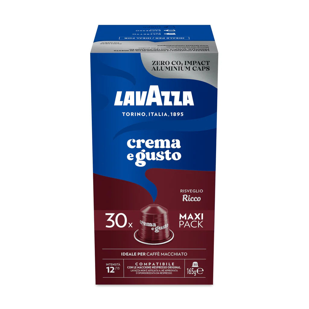 В коробке 30 капсул Lavazza Crema e Gusto Ricco, совместимых с кофемашиной Nespresso крепостью 12.