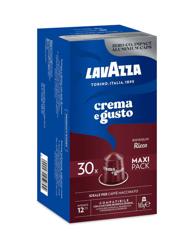 В коробке 30 капсул Lavazza Crema e Gusto Ricco, совместимых с кофемашиной Nespresso крепостью 12.