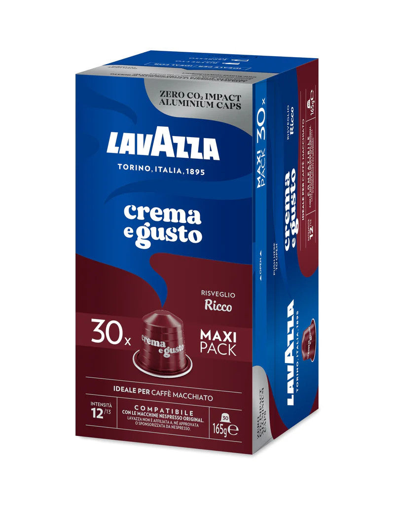 В коробке 30 капсул Lavazza Crema e Gusto Ricco, совместимых с кофемашиной Nespresso крепостью 12.